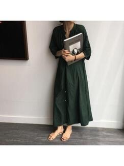 Korean Style Single-Breasted Deep Green Dress, Simple Round Neck Solid Color Lantern Sleeves Dress Shirt, Long Skirt with Pockets and Belt