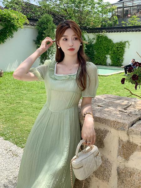 Real Shot of Korean Summer New Style Dress Design Square Collar Ruffles Gentle Style Temperament Waist Long Skirt in Mint Green