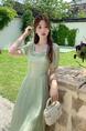 Real Shot of Korean Summer New Style Dress Design Square Collar Ruffles Gentle Style Temperament Waist Long Skirt in Mint Green