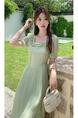 Real Shot of Korean Summer New Style Dress Design Square Collar Ruffles Gentle Style Temperament Waist Long Skirt in Mint Green