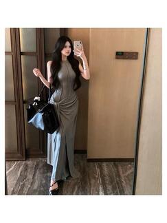 2025 Summer New Design Sense Temperament High Grade Gray Modal Vest Dress Fake Two-Piece Sheath Hot Girl Dress in Gray