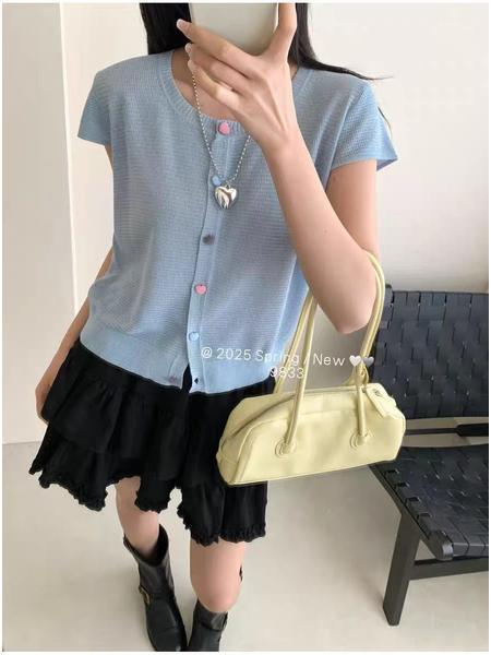 Korean Color Button Soft and Comfortable Round Neck Slim Short Sleeve Knitted Cardigan in Light Blue Female 2025 Summer New Thin Short Top