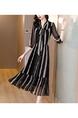 Fashion Dress Summer 2025 New Loose Belly-Covering Retro Striped Temperament and Elegant Lady Chiffon Skirt - Black and Beige Stripes