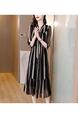 Fashion Dress Summer 2025 New Loose Belly-Covering Retro Striped Temperament and Elegant Lady Chiffon Skirt - Black and Beige Stripes