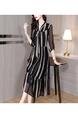 Fashion Dress Summer 2025 New Loose Belly-Covering Retro Striped Temperament and Elegant Lady Chiffon Skirt - Black and Beige Stripes
