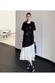 Real Shot Spot 2025 Summer New Style / Long Large Size Irregular Splicing Yarn Heavy Hot Diamond Short-Sleeved Dress - Black and White