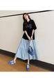 Real Shot of the New 2025 Summer / Loose Large Size Patchwork Color Matching Skirt Heavy Hot Diamond Short-Sleeved Dress - BLACK AND LIGHT BLUE