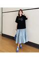 Real Shot of the New 2025 Summer / Loose Large Size Patchwork Color Matching Skirt Heavy Hot Diamond Short-Sleeved Dress - BLACK AND LIGHT BLUE
