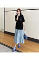 Real Shot of the New 2025 Summer / Loose Large Size Patchwork Color Matching Skirt Heavy Hot Diamond Short-Sleeved Dress - BLACK AND LIGHT BLUE