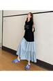 Real Shot of the New 2025 Summer / Loose Large Size Patchwork Color Matching Skirt Heavy Hot Diamond Short-Sleeved Dress - BLACK AND LIGHT BLUE