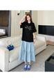 Real Shot of the New 2025 Summer / Loose Large Size Patchwork Color Matching Skirt Heavy Hot Diamond Short-Sleeved Dress - BLACK AND LIGHT BLUE