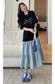 Real Shot of the New 2025 Summer / Loose Large Size Patchwork Color Matching Skirt Heavy Hot Diamond Short-Sleeved Dress - BLACK AND LIGHT BLUE