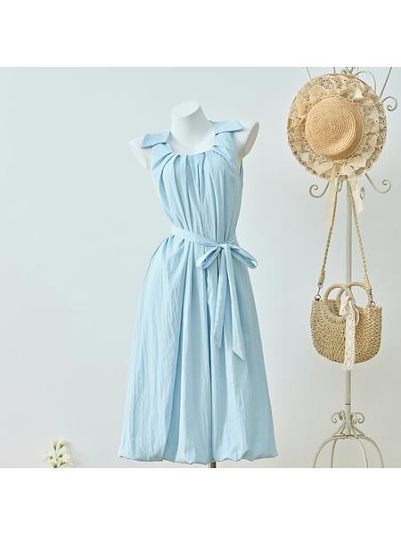 French Sleeveless Vest Dress for Women Summer Tie Waist Seaside Vacation Beach Beautiful Flower Bud Long Skirt - LIGHT BLUE