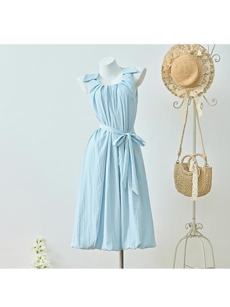 French Hook Flower Hollow Knitted Suspender Dress Women's Summer New Loose Layered Sleeveless Vest Dress Two-Piece Suit - LIGHT BLUE
