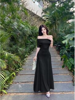 Real Shot of Pure Desire Temperament Off-Shoulder One-Shoulder Dress Female 2025 Summer Design Slimming and Slim Hot Girl Long Skirt - BLACK