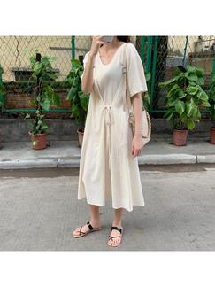 Korean Chic Style Ankola Light Beige Solid Color Loose Lace Front and Back Two-Way Lazy Style Dress
