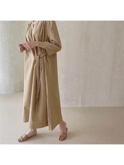 Korean Chic Simple Loose Slim Beige Three-Quarter Sleeves Lace-Up Dress with Pockets and Belts on Both Sides