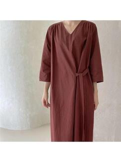 Korean Chic Simple Loose Slim Burgundy Three-Quarter Sleeves Lace-Up Dress with Pockets and Belts on Both Sides