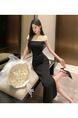 Real Shot of a Celebrity Temperament Hook Flower Sequin Splicing Long Slit Dress Skirt - High-End Elegant Slim Dress in Black