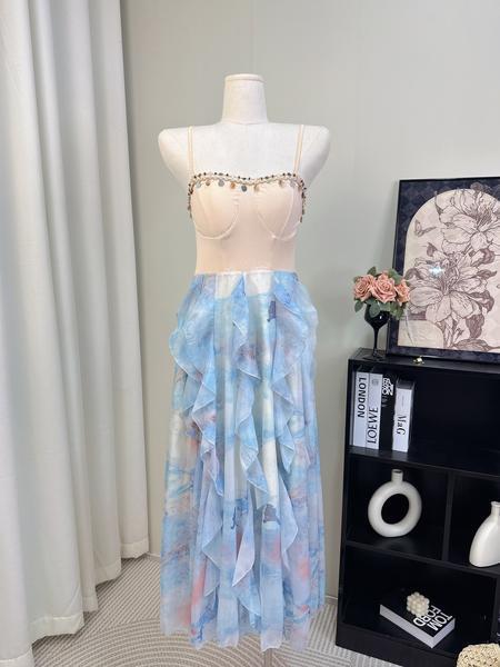 A Sweet Peach Yikett Midsummer Sicilian Gradient Skirt in Soft Blue - Tube Top Suspender Skirt Slimming Heavy Industry Dress