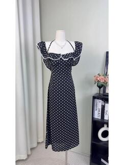 French Tea Break Square Collar Lace Ruffled Polka Dot Dress in Black and White - Women's 2025 New Summer Backless Waist Trimming Dress