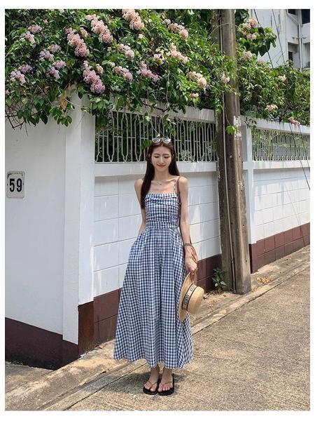 Navy Plaid Tube Top Dress One Shoulder Dress Female Summer French Temperament Design Waist Seaside Vacation