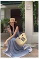 Navy Plaid Tube Top Dress One Shoulder Dress Female Summer French Temperament Design Waist Seaside Vacation