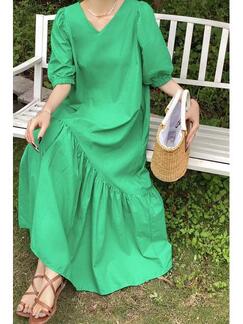 In Stock Real Shot South Korea Summer 2025 New Waist-Tight Round Neck Drape Dress in Green