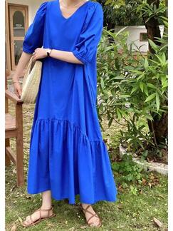 In Stock Real Shot South Korea Summer 2025 New Waist-Tight Round Neck Drape Dress in Bright Blue