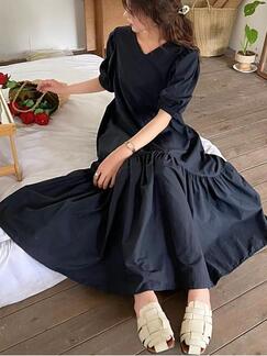 In Stock Real Shot South Korea Summer 2025 New Waist-Tight Round Neck Drape Dress in Black