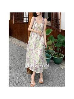 High Quality and Quality! Tea Break French Sleeveless Floral Strap Dress Women's Summer New Slimming Elegant Long Dress in Light Purple and Green
