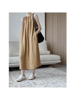Gracetinahoo Comfortable and Smooth Round Neck Sleeveless Dress Women's Summer Loose Vest Skirt in Warm Beige with Pockets on Both Sides