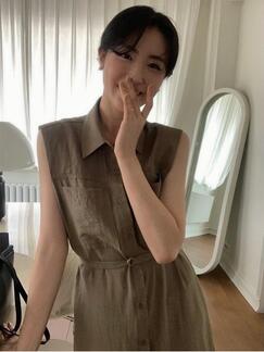 Summer New Korean Chic Simple Temperament Belted Shirt Collar Sleeveless Dress Long Skirt Women with Belt in Olive Green