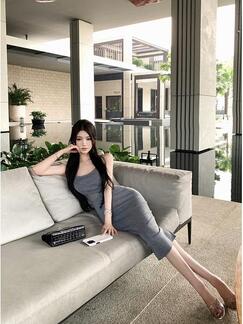 Renjianxiaotiao Solid Color Hollow Waist Suspender Dress Slim Fit Knitted Vest Long Dress in Gray