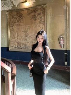Renjianxiaotiao Solid Color Hollow Waist Suspender Dress Slim Fit Knitted Vest Long Dress in Black