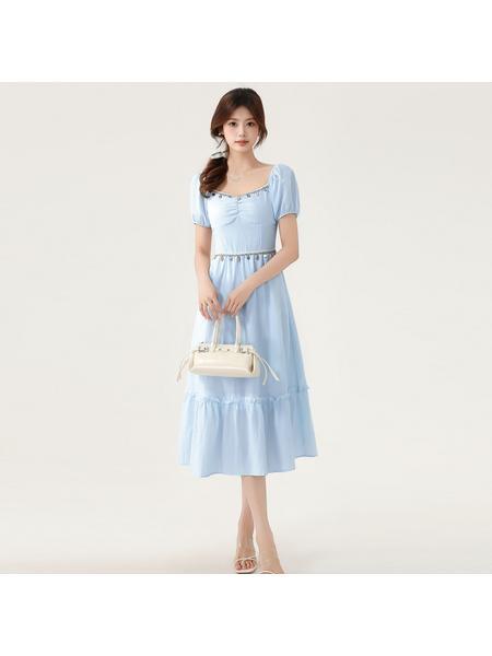 Real Shot Spot 2205 Summer New Style Bohemian Style Square Neck Dress High-End Niche Mid-Length Skirt in Light Blue