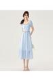 Real Shot Spot 2205 Summer New Style Bohemian Style Square Neck Dress High-End Niche Mid-Length Skirt in Light Blue