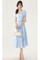 Real Shot Spot 2205 Summer New Style Bohemian Style Square Neck Dress High-End Niche Mid-Length Skirt in Light Blue