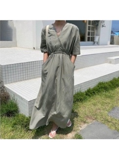 French Style Holiday Dress in Olive Green with Pockets on Both Sides and Belt