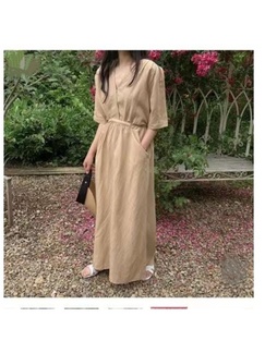 French Style Holiday Dress in Beige with Pockets on Both Sides and Belt