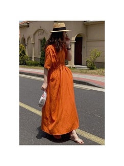 French Style Holiday Dress in Orange with Pockets on Both Sides and Belt
