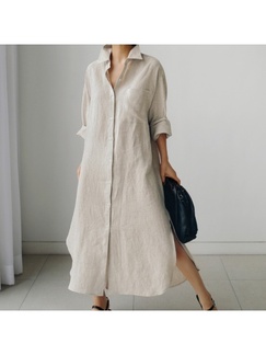 Korean Chic Shirt Dress in Beige Over the Knee with Long Slit, BF Cotton and Linen Shirt Dress with Pockets on Both Sides