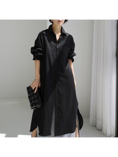 Korean Chic Shirt Dress in Black Over the Knee with Long Slit, BF Cotton and Linen Shirt Dress with Pockets on Both Sides