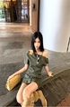 Real Shot Cost-Effective Pure Desire Retro Oblique Shoulder Denim Dress in Olive Green, Summer Design Sense Niche Hot Girl Tube Top A-Line Short Skirt
