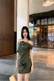Real Shot Cost-Effective Pure Desire Retro Oblique Shoulder Denim Dress in Olive Green, Summer Design Sense Niche Hot Girl Tube Top A-Line Short Skirt