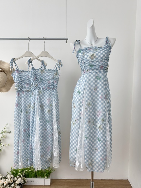 French Style Gentle Blue Plaid Sling Dress in Light Blue, Women's 2025 Summer New Waist Slimming Elegant Long Dress