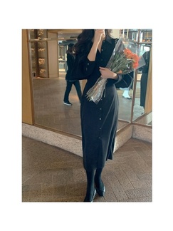 Korean Chic Temperament Lapel Single-Breasted Tie Waist Shirt Dress in Black, Slim Knee-Length Lantern Sleeve Dress