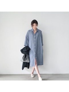New Korean-Style Spring and Autumn All-Match Loose Mid-Length Knee-Length Long-Sleeved Striped Shirt Dress in Blue for Women with Pockets on Both Sides
