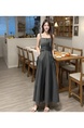 Real Shot of Hong Kong Style Internet Celebrity Sweet Cool Hot Girl Outfit: Street Blasting Straps Double Belt Ruffled Slit Mid-Length Dress in Dark Green for Summer