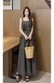 Real Shot of Hong Kong Style Internet Celebrity Sweet Cool Hot Girl Outfit: Street Blasting Straps Double Belt Ruffled Slit Mid-Length Dress in Dark Green for Summer